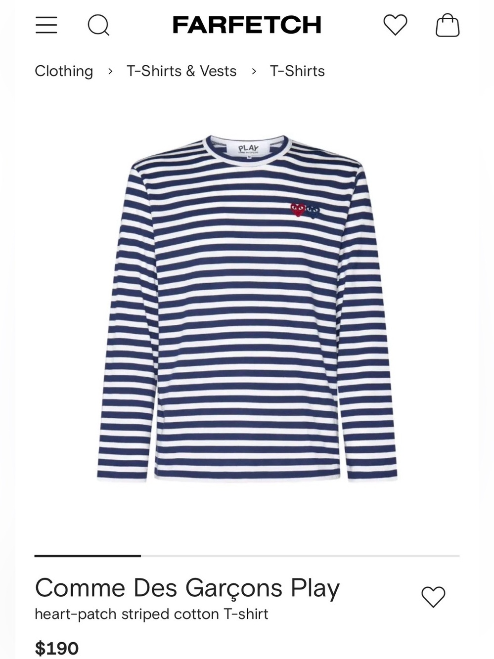 Comme Des Garçons PLAY Navy & White Striped Long Sleeve Tee S Small Nautical